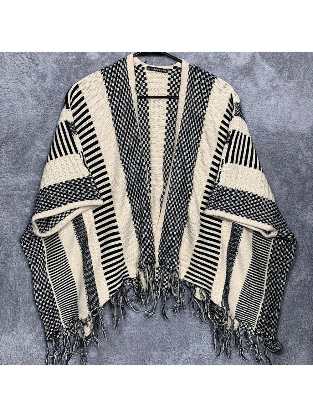 Hot & Delicious Women's Kimono Cardigan Black White Striped Fringe Open Front Sw